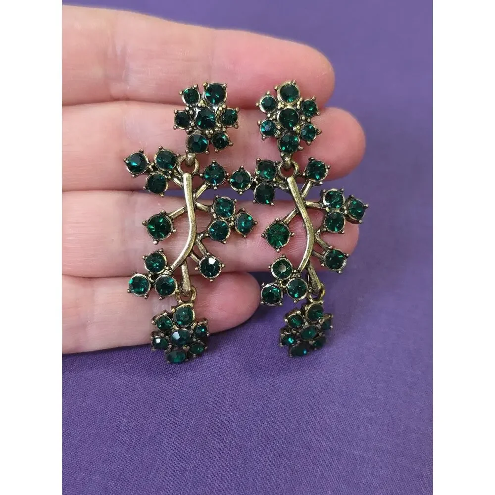 Green Rhinestone Crystal Flower Chandelier Dangle Earrings Antiqued Gold Tone